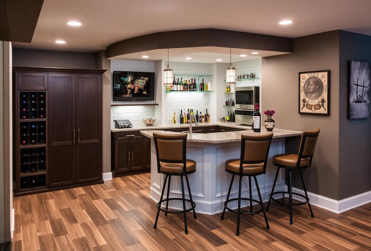 Finished basement with a bar and entertaining area