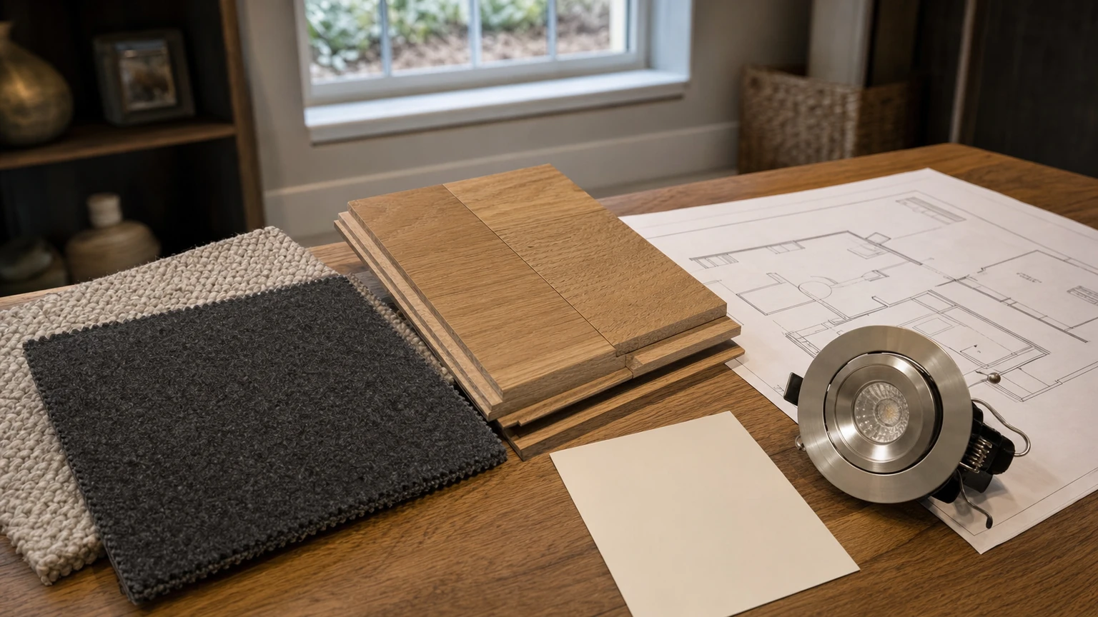 Basement finish planning with flooring, lighting, and storage samples