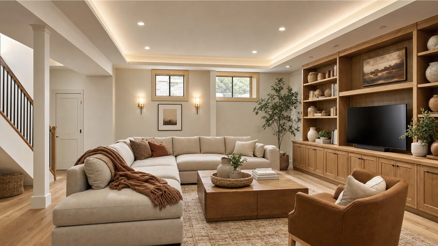 Finished basement living area with layered lighting and custom storage