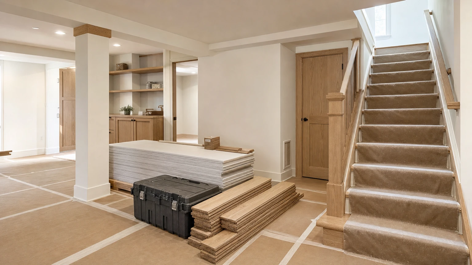 Basement work zone with protected access and organized materials
