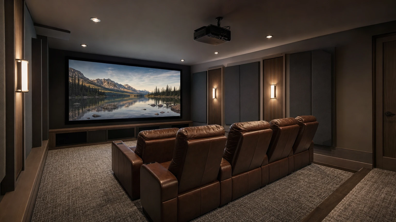 Basement home theater with reclining seating and acoustic wall panels