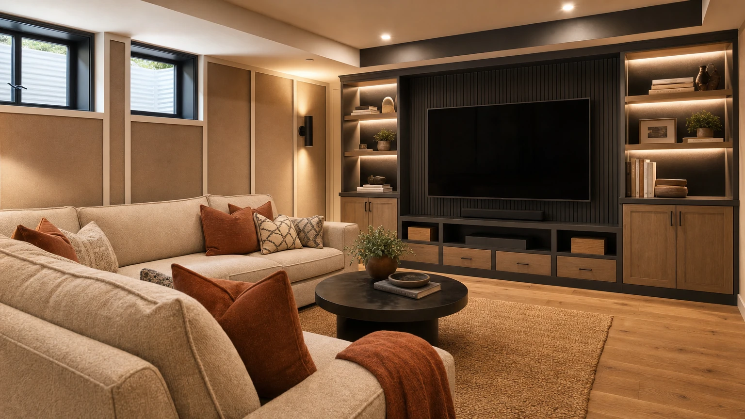 Basement entertainment room with a media wall and comfortable seating