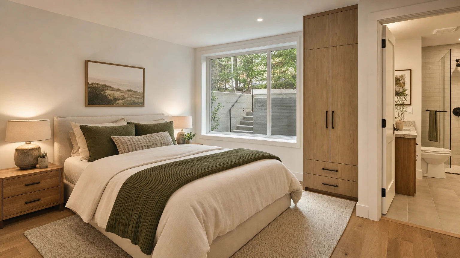 Basement guest suite with a bedroom and adjoining bathroom