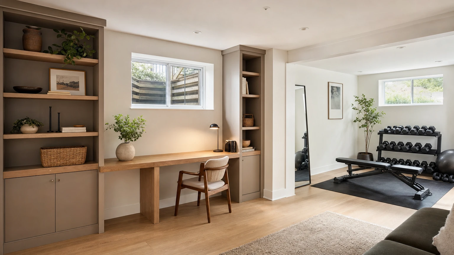 Flexible basement home office and fitness area