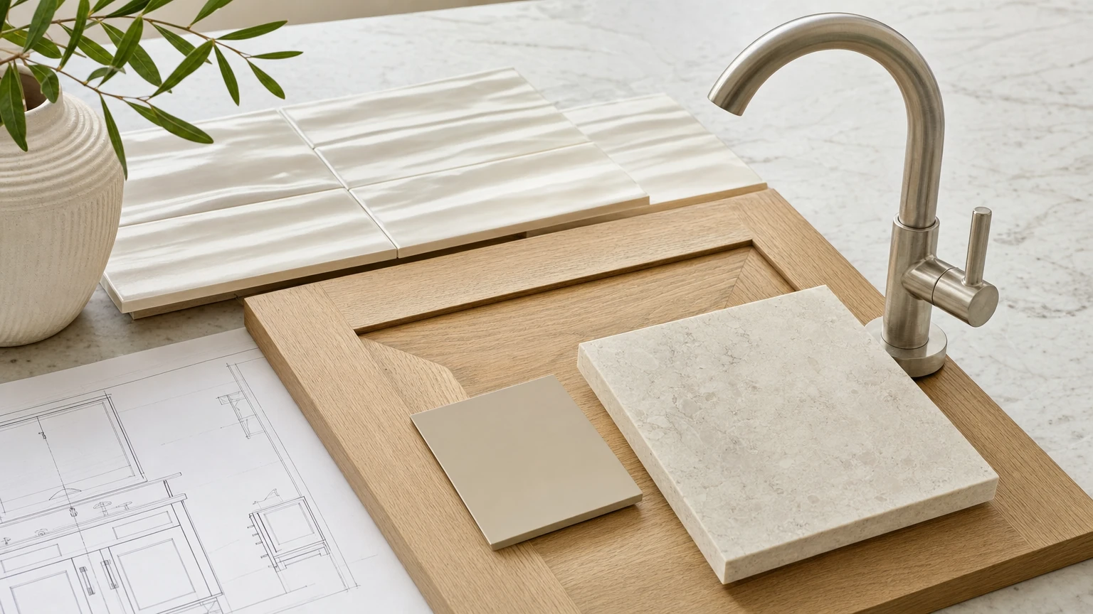 Coordinated bathroom tile, fixture, and vanity samples