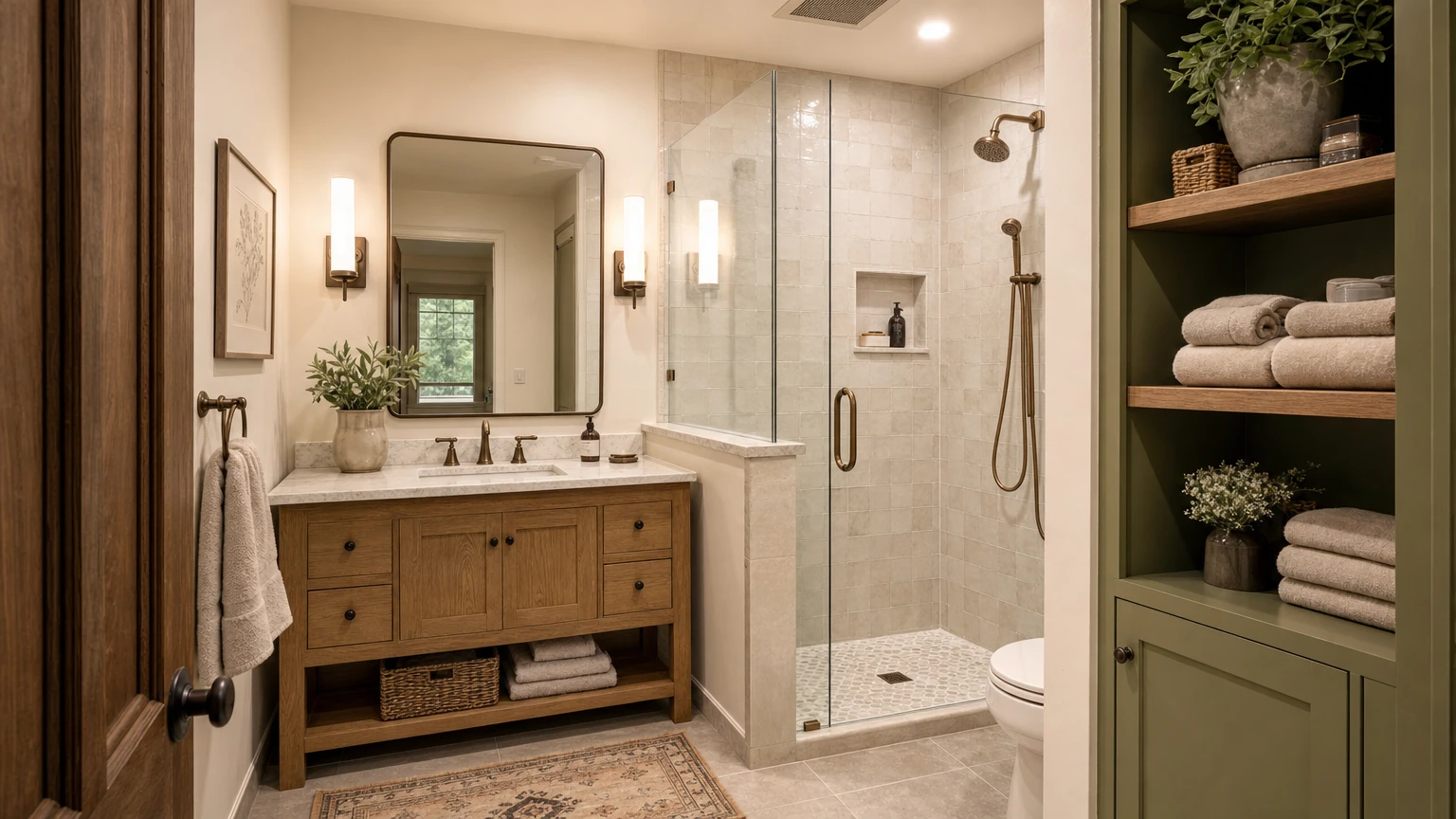 Thoughtfully planned bathroom vanity, shower, and ventilation