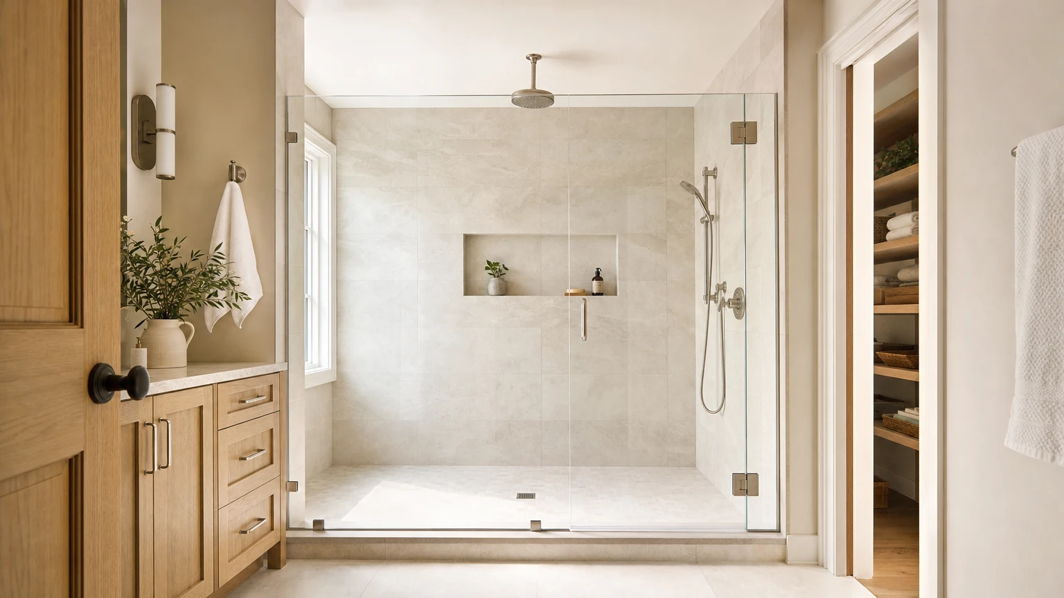 Open walk-in shower with clear glass and a recessed niche