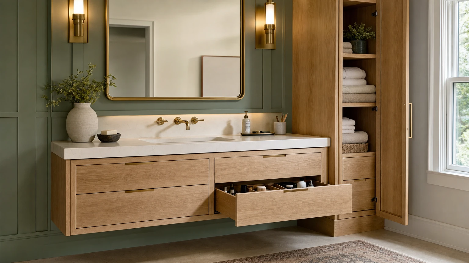 Bathroom vanity drawers, linen storage, and an organized countertop