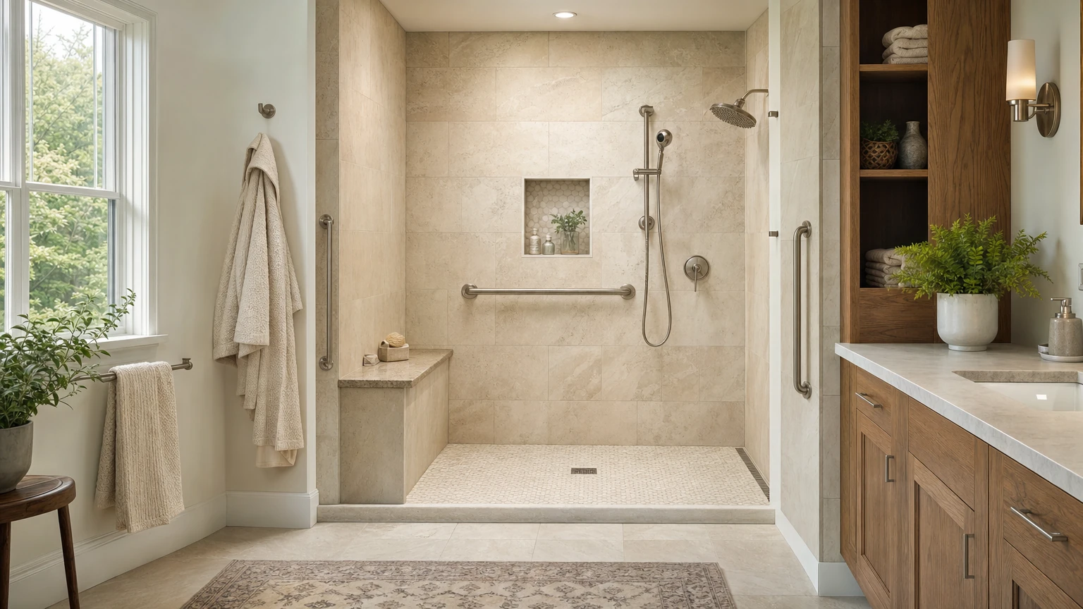 Low-threshold shower with integrated seat and discreet support rails