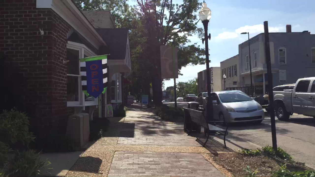 Shops and sidewalks along Chatham Street in downtown Cary