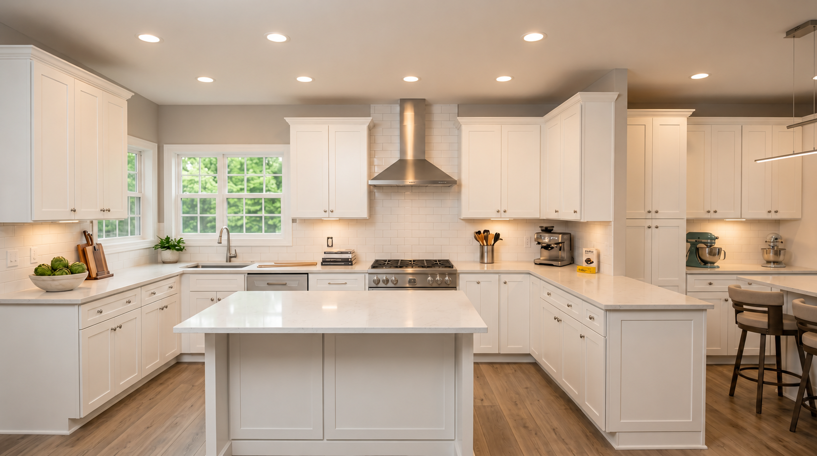 Bright remodeled kitchen with white cabinetry, quartz surfaces, and warm wood flooring