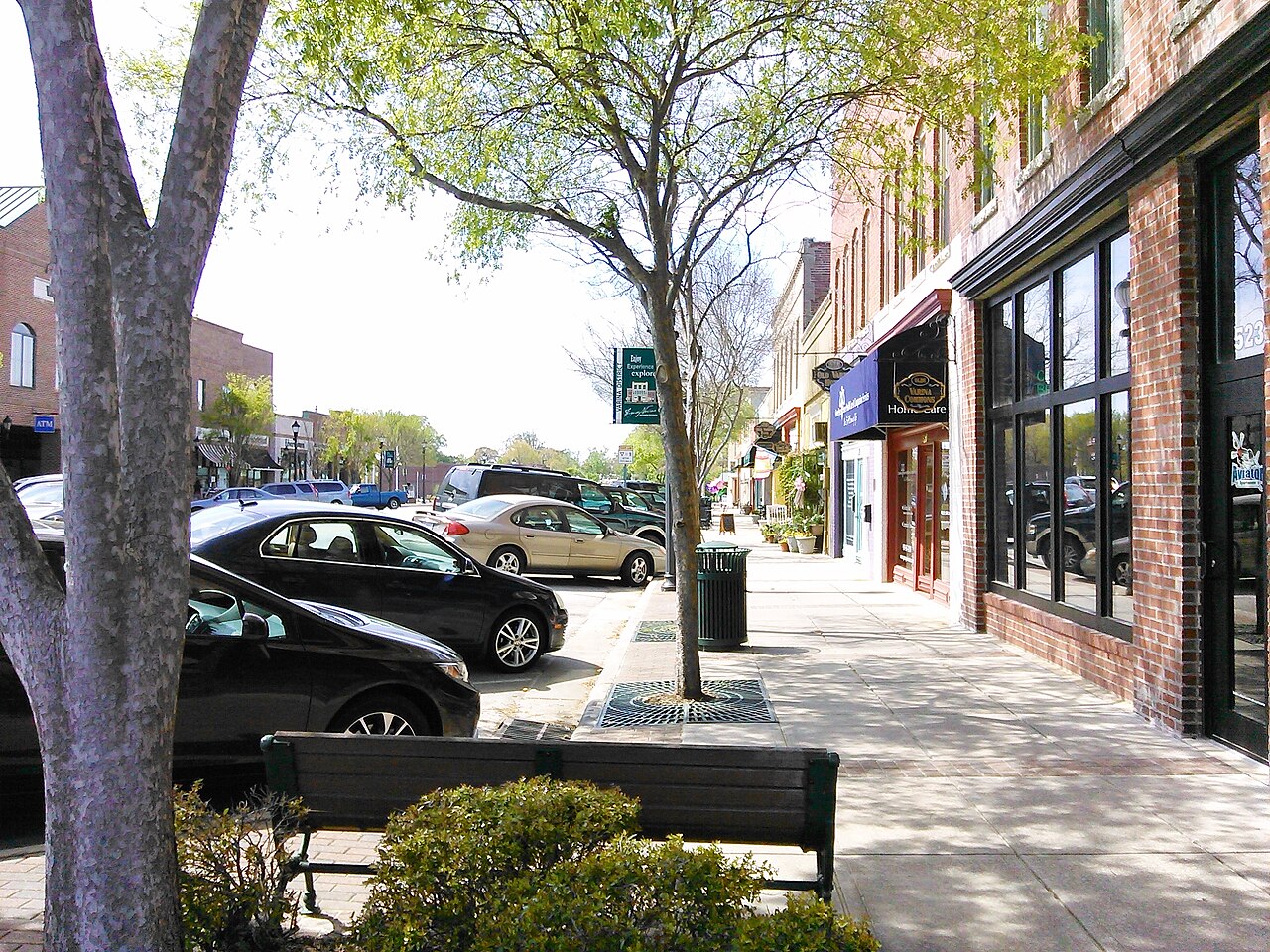 Shops and tree-lined sidewalks in historic downtown Fuquay-Varina