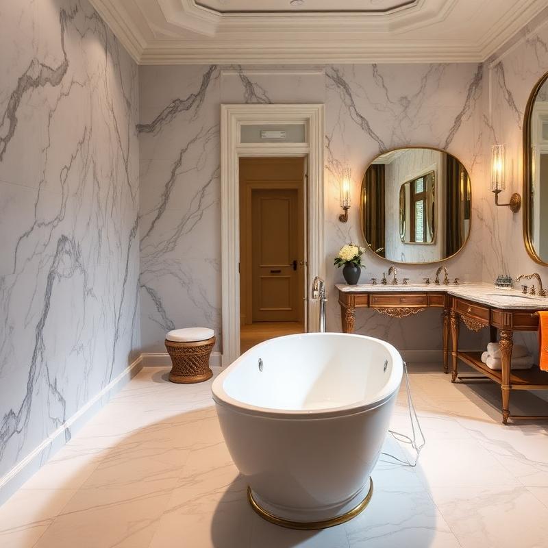 Freestanding tub with marble walls and brass accents