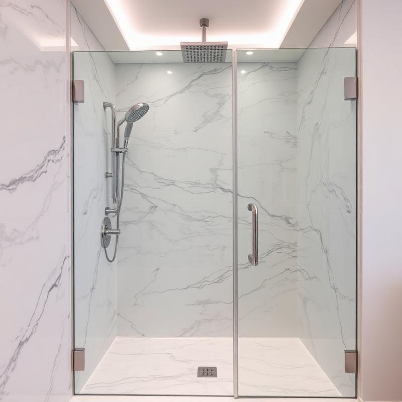 Bright marble walk-in shower with frameless glass and a rainfall showerhead