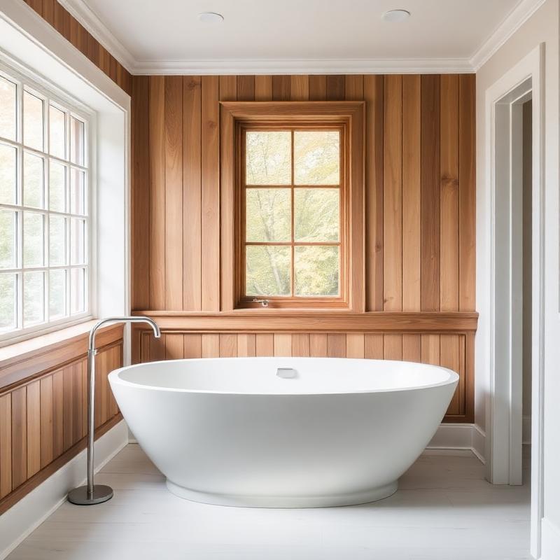 Freestanding soaking tub against warm wood paneling