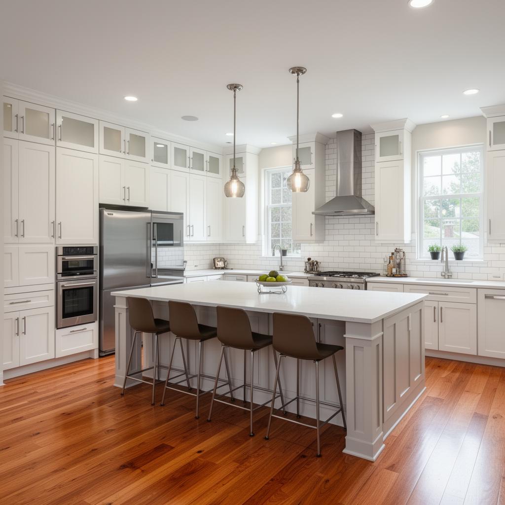 White kitchen with a gray island and warm wood seating