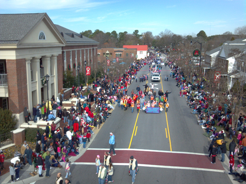 A Christmas parade along Main Street in downtown Holly Springs