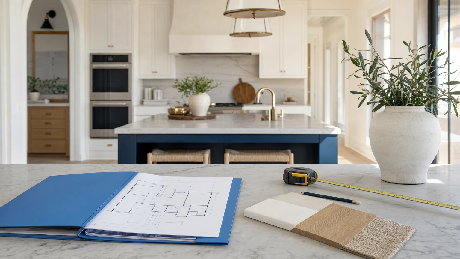 Consultation planning with room measurements and a blue project folder