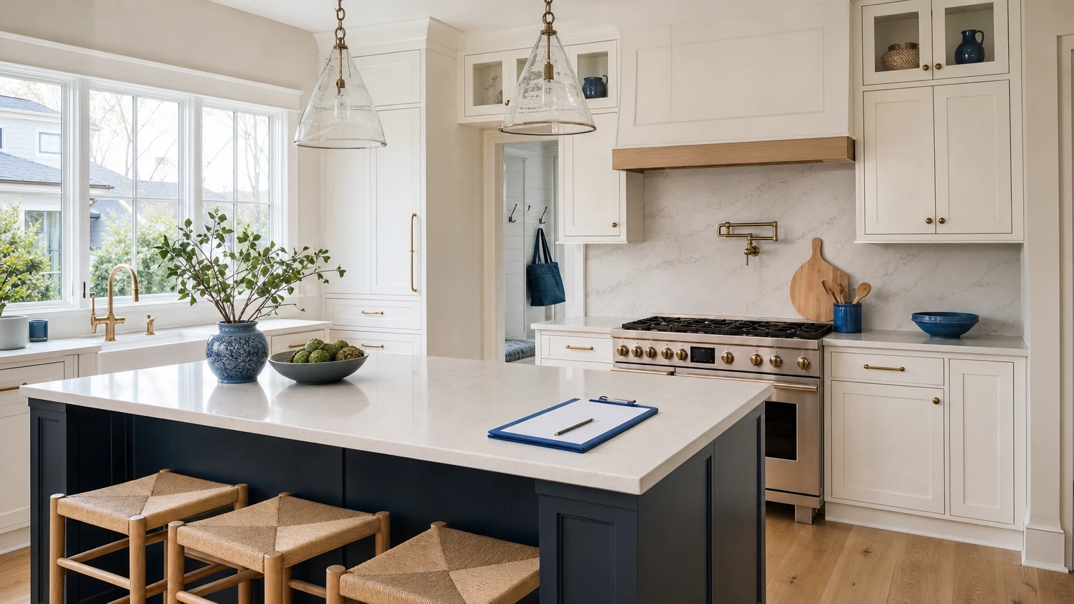 Completed navy-and-white kitchen with a final-detail review clipboard