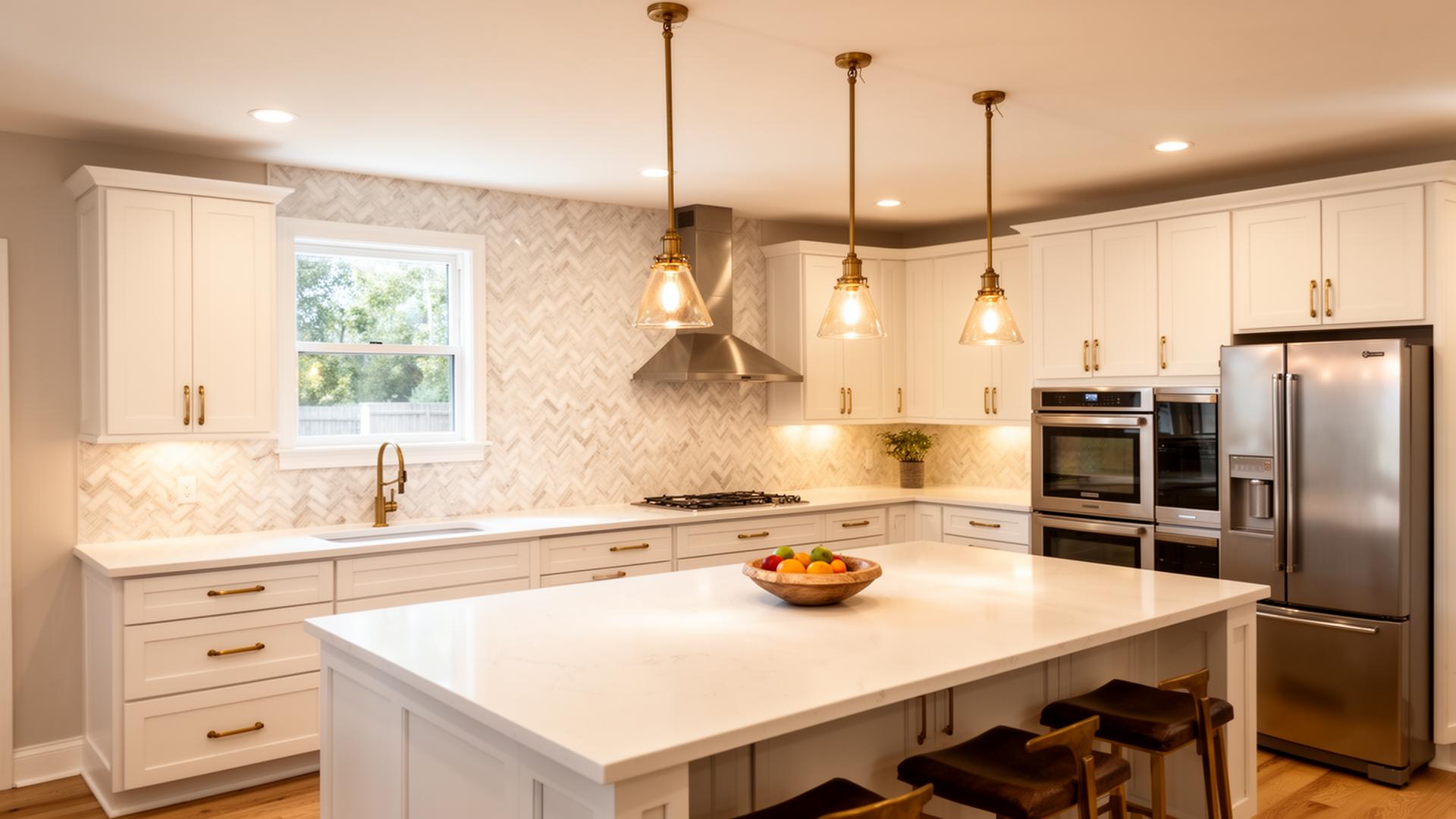 Kitchen cabinetry and island seating with pendant lighting