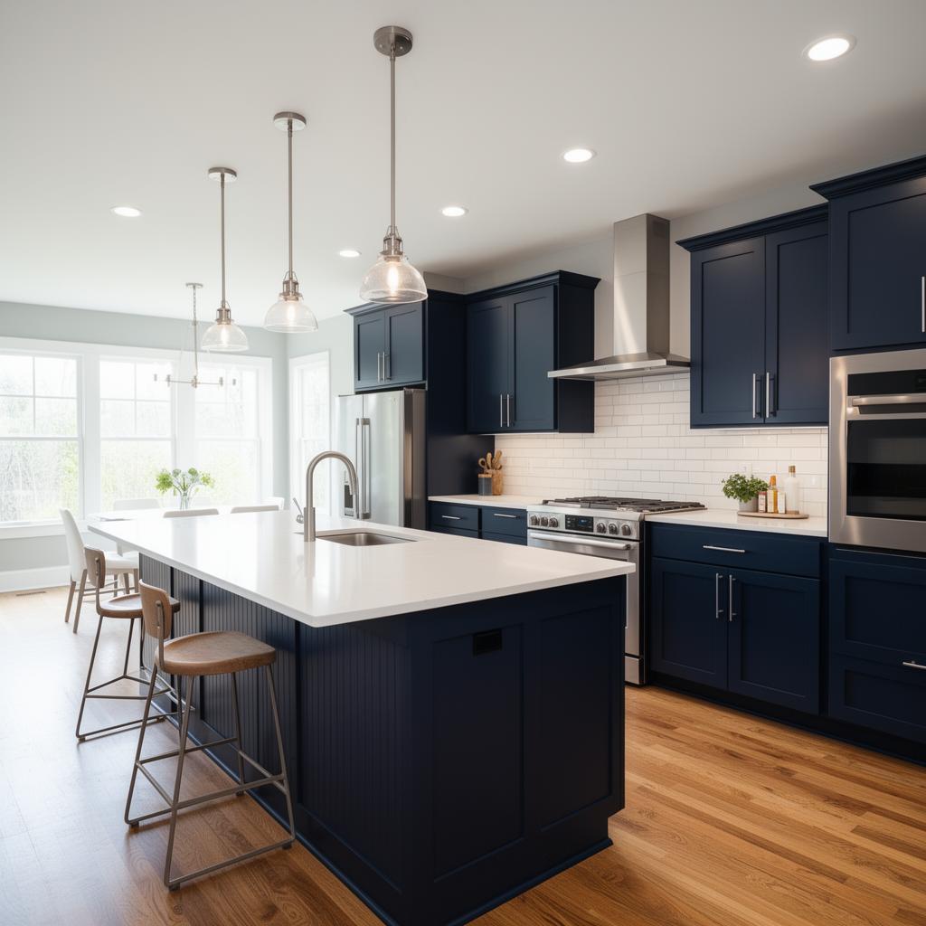 Navy kitchen cabinetry and white countertops