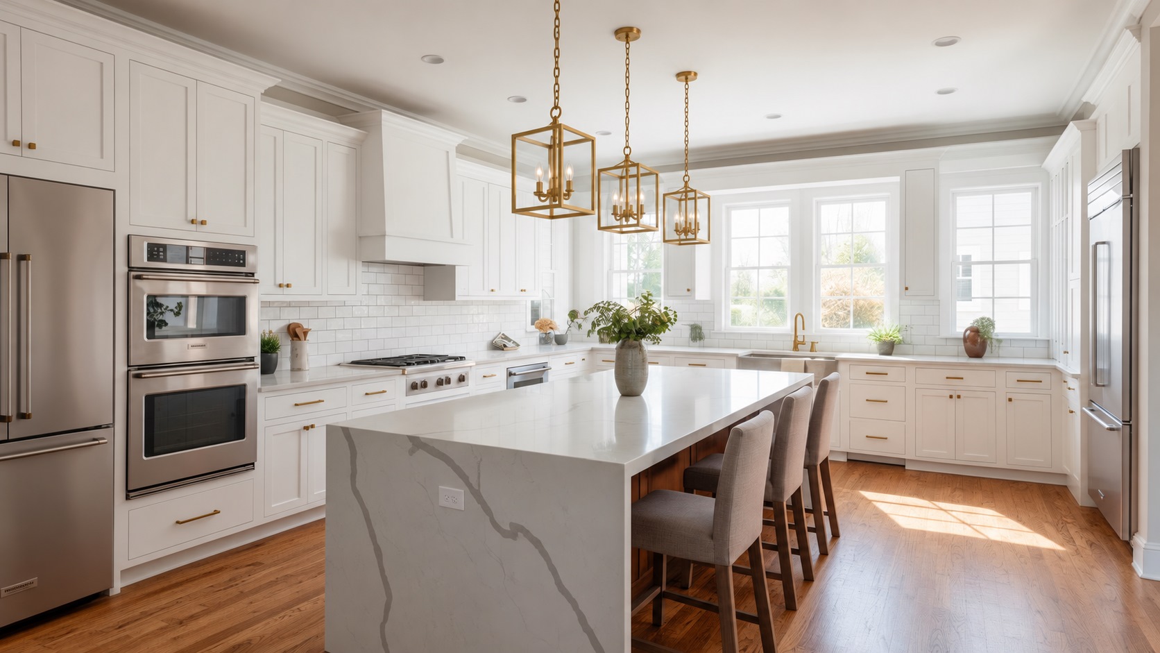 White shaker kitchen with quartz waterfall island