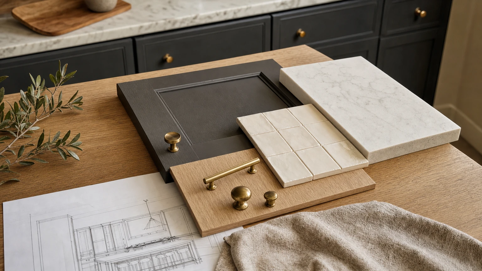 Kitchen material selections with cabinetry, quartz, tile, and hardware