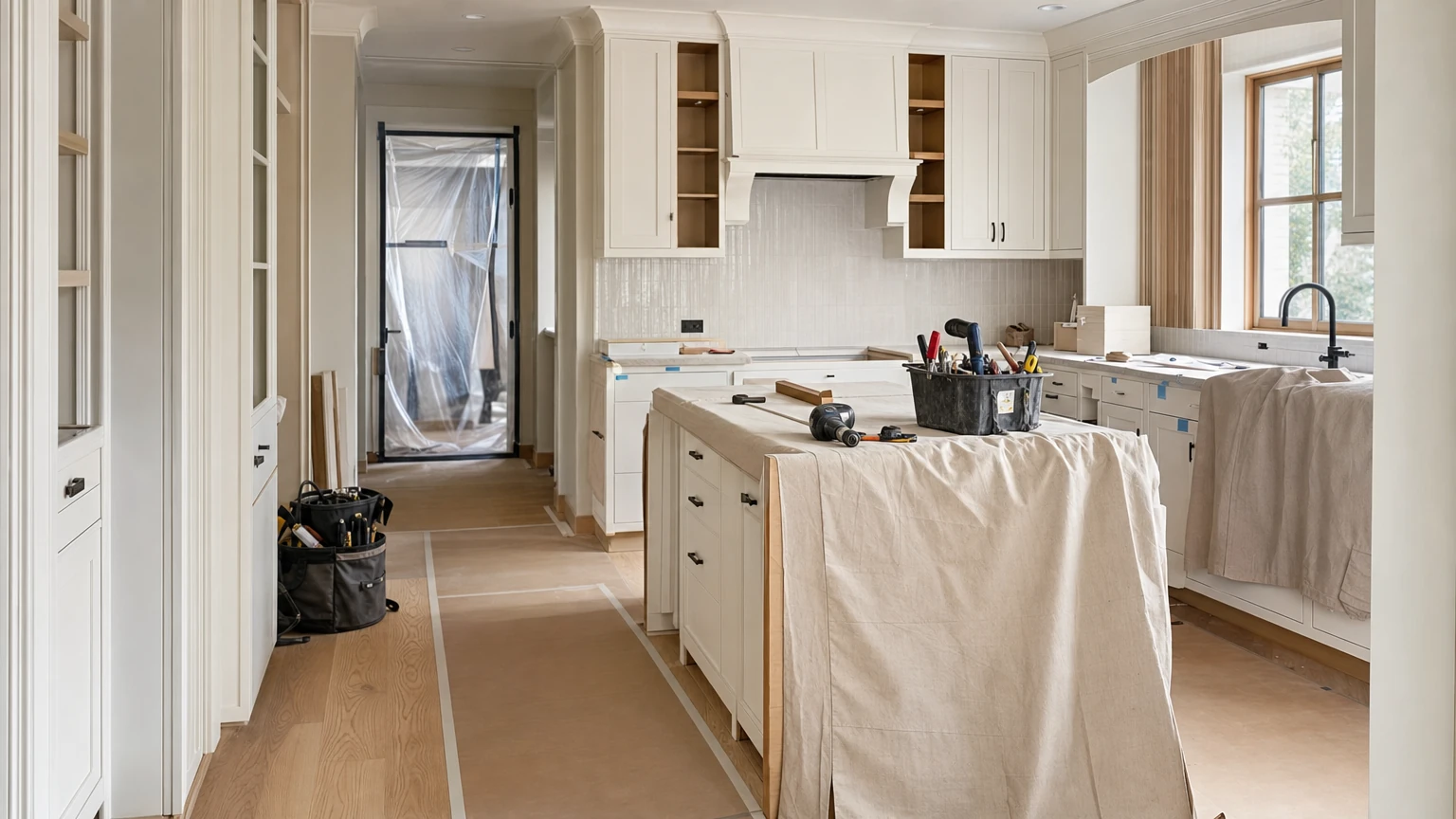 Protected kitchen work zone with clean staging and dust control