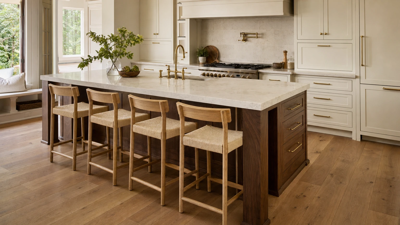 Gathering island with prep space, seating, and integrated storage