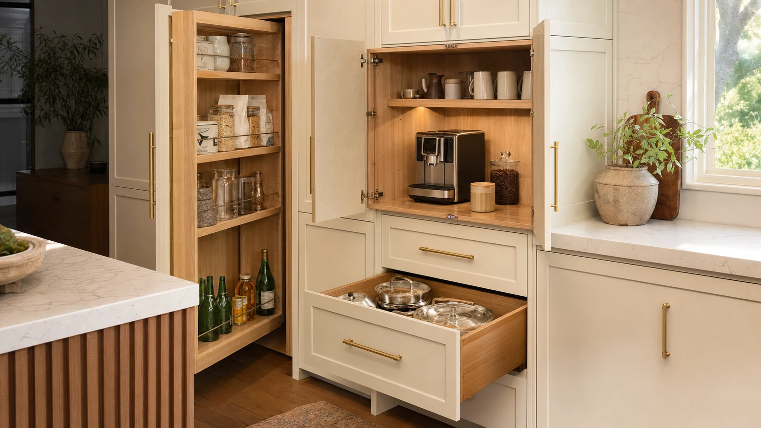 Tailored kitchen storage with pantry pull-outs and deep drawers