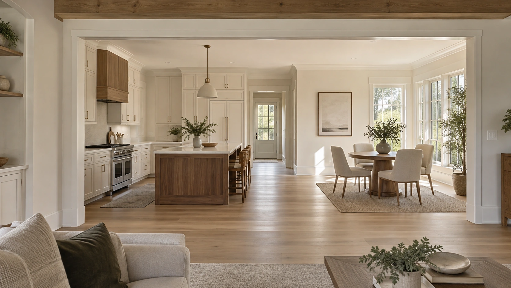 Open kitchen and dining room with a wide walkway and continuous oak flooring