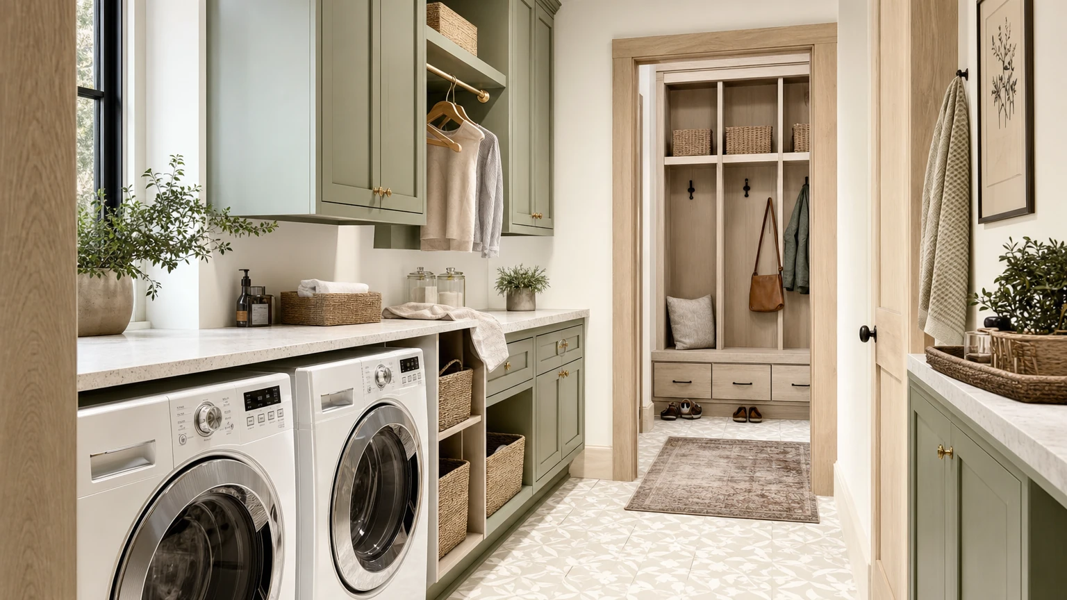 Laundry and mudroom with generous built-in storage and warm finishes