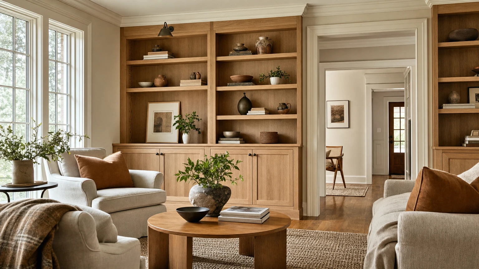 Custom built-ins and precise trim details in a finished room