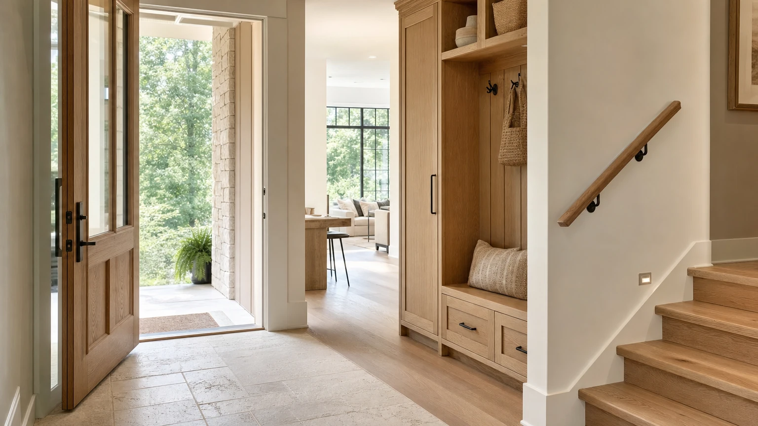 Wide doorway, level flooring transition, and discreet stair handrail