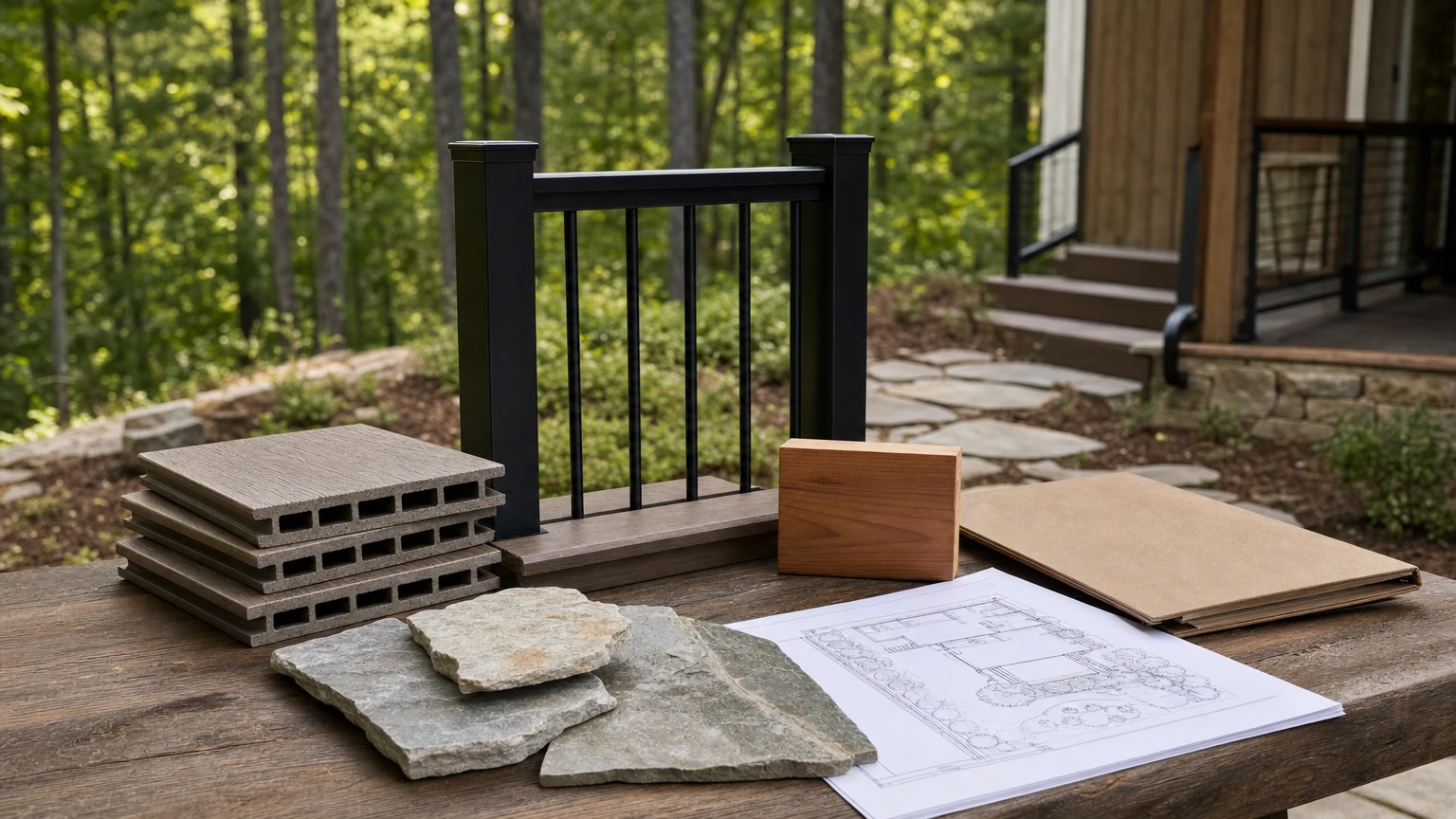 Outdoor decking, railing, and stone samples for project planning