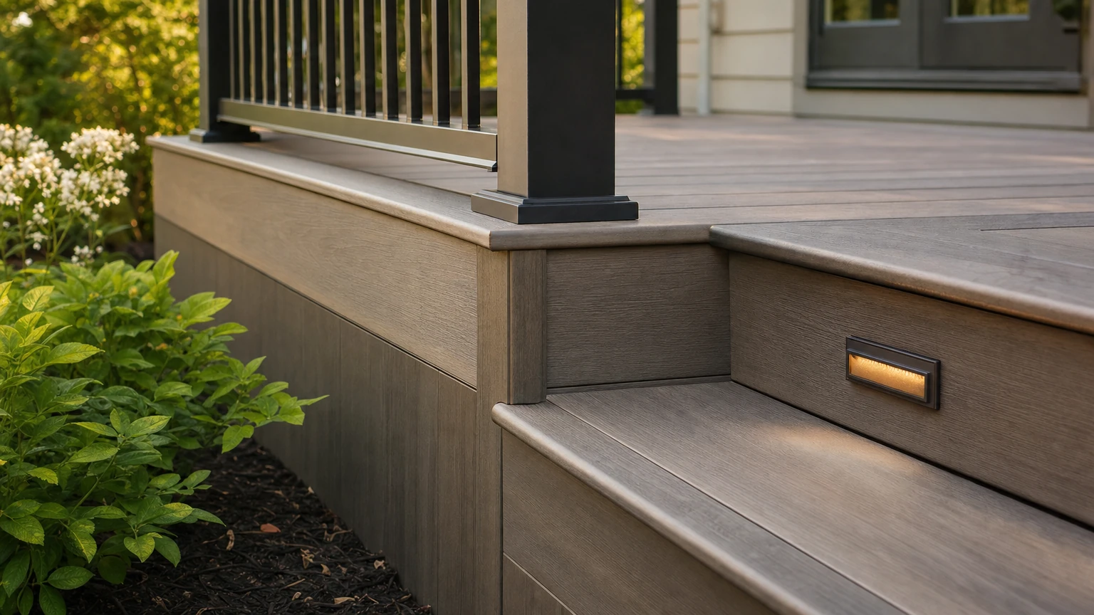 Deck construction details with aligned boards and secure railings