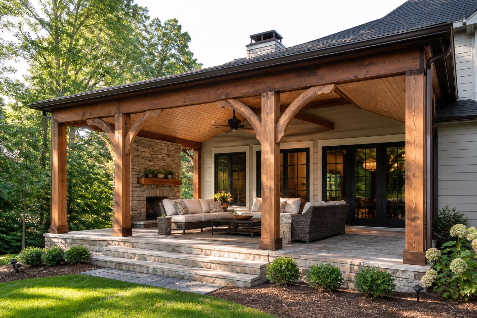 Covered outdoor living room with timber framing