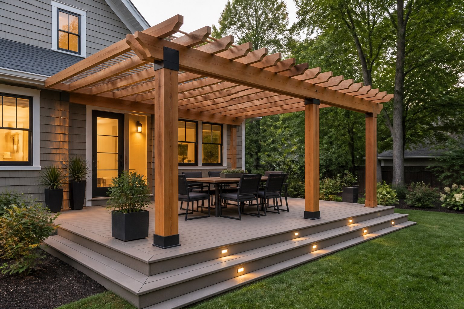 Cedar pergola over a finished composite deck