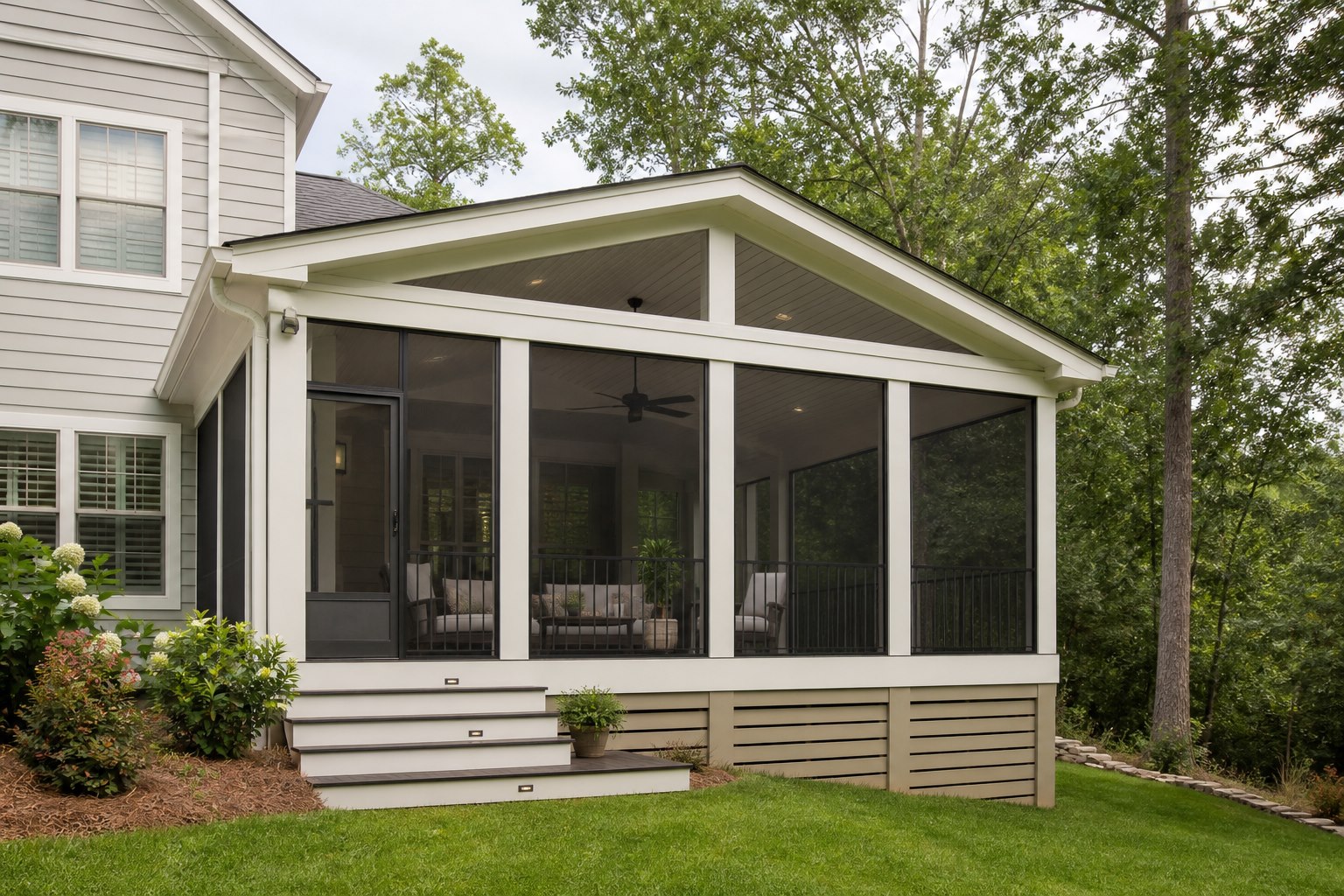 Screened porch overlooking a wooded yard