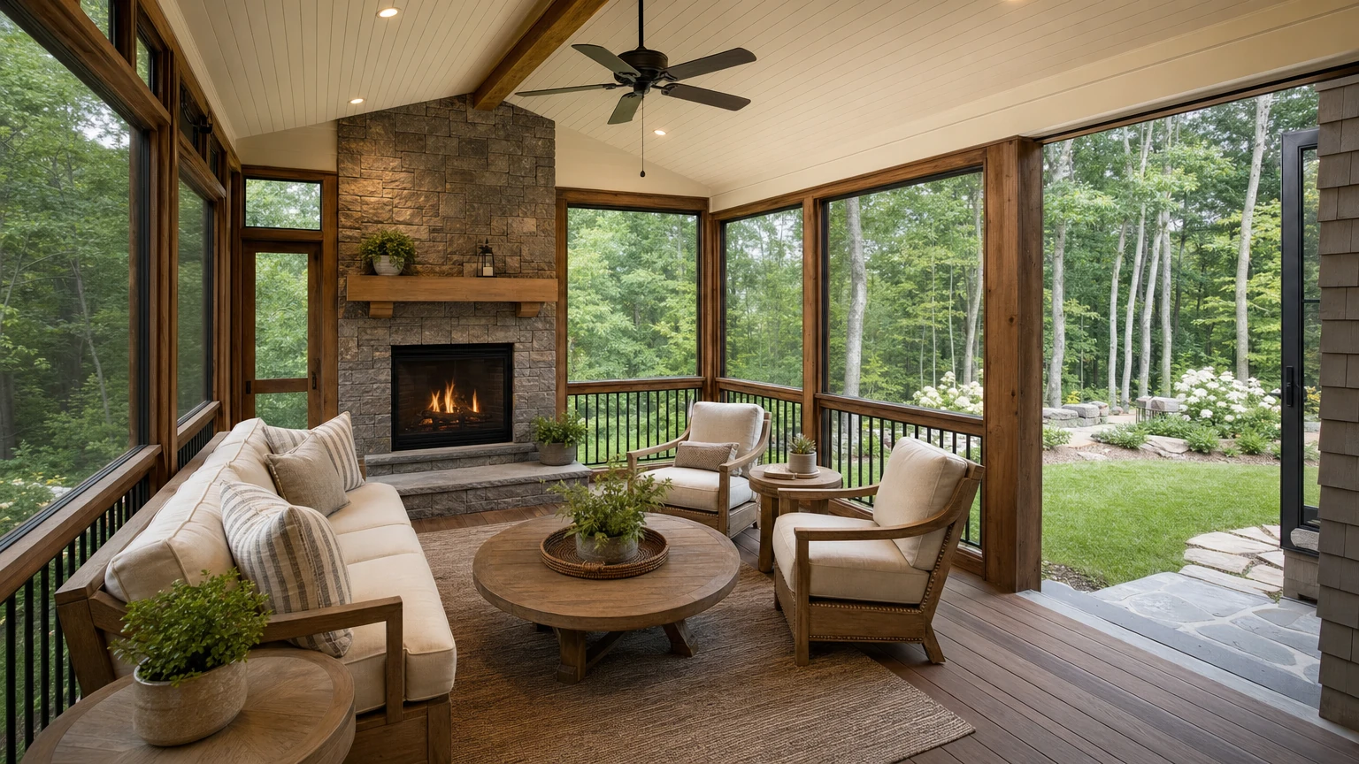 Screened porch with a finished ceiling, fan, and comfortable seating