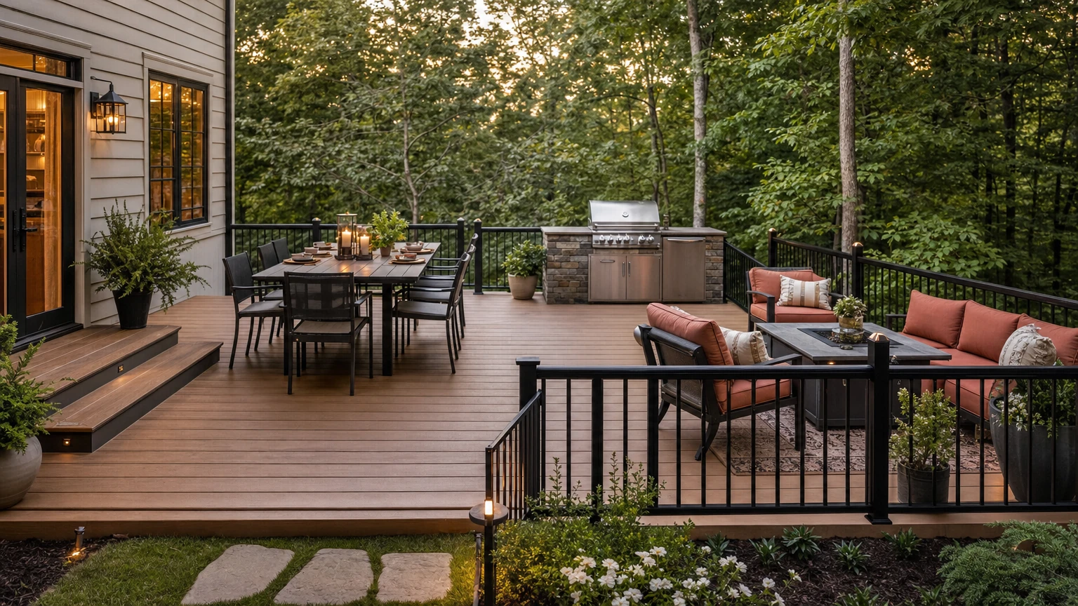Deck with dedicated dining, grilling, and conversation zones