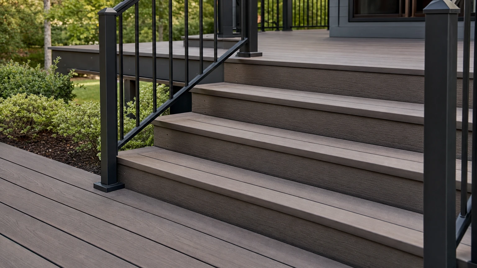 Low-maintenance composite decking and metal railing details