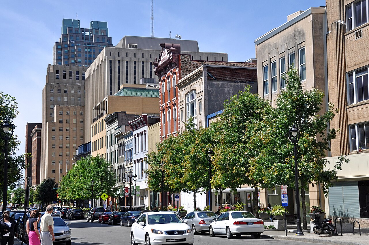 Fayetteville Street buildings and sidewalks in downtown Raleigh